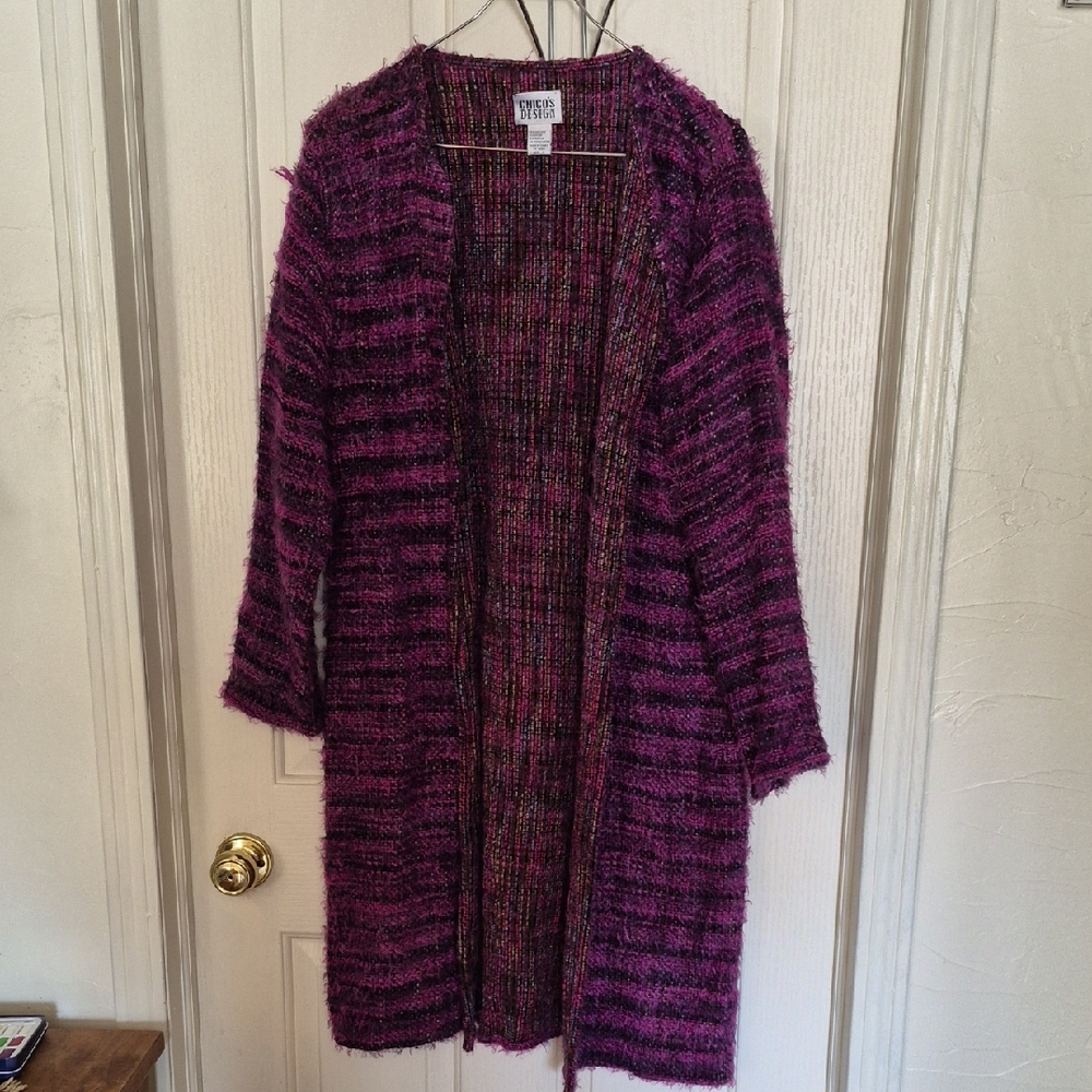 Chico's Design Plush Open-Front Magenta & Black Striped Long Cardigan